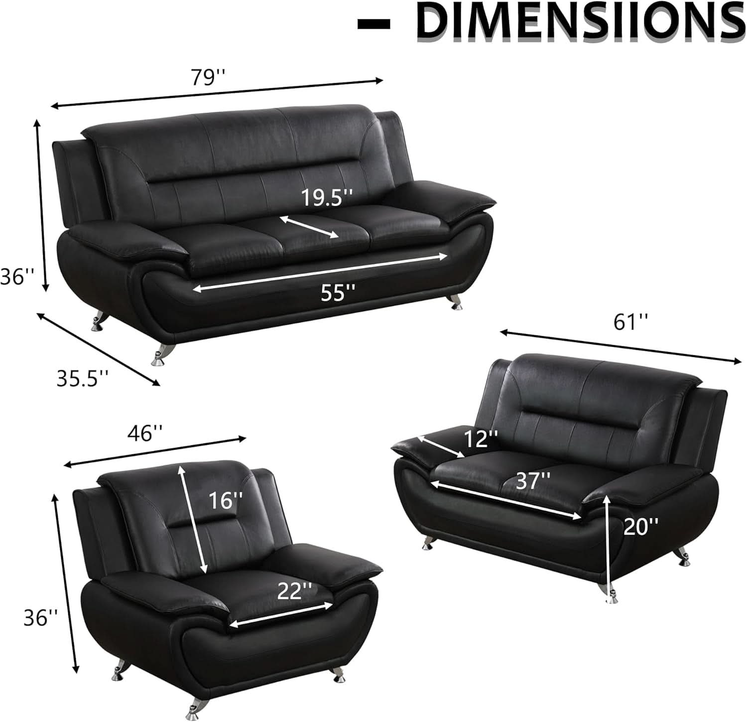Black Sofa, Loveseat, and Chair Set