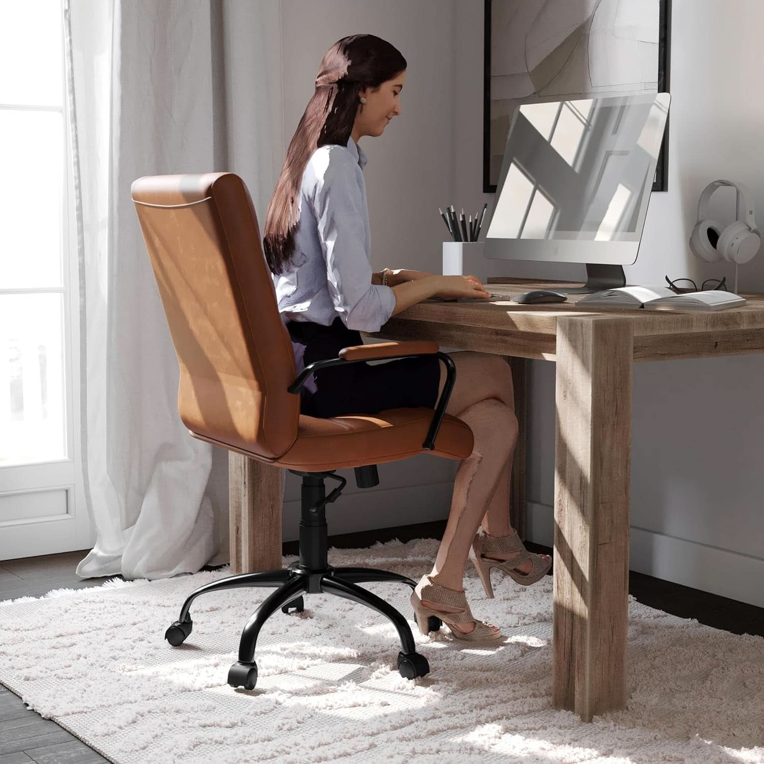 Whitney Mid-Back Leather Desk Chair Brown Black Adjustable Height