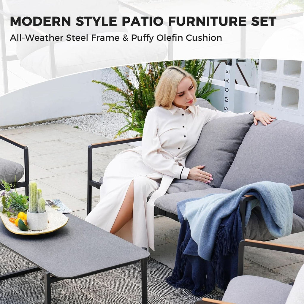 4 Piece Patio Outdoor Furniture Set With Modern Metal Sofa And Coffee Table
