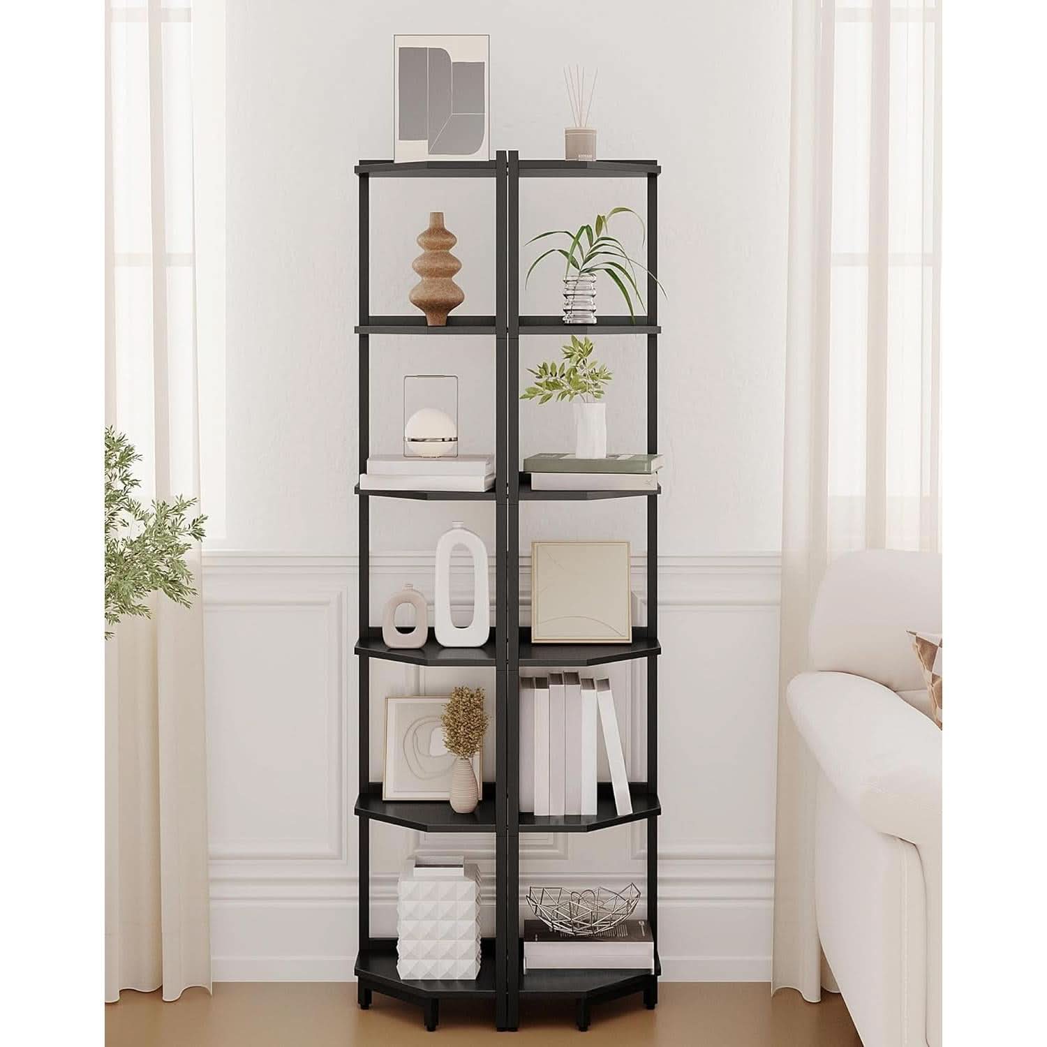 6 Tier Black Corner Shelf Stand Bookshelf For Living Room
