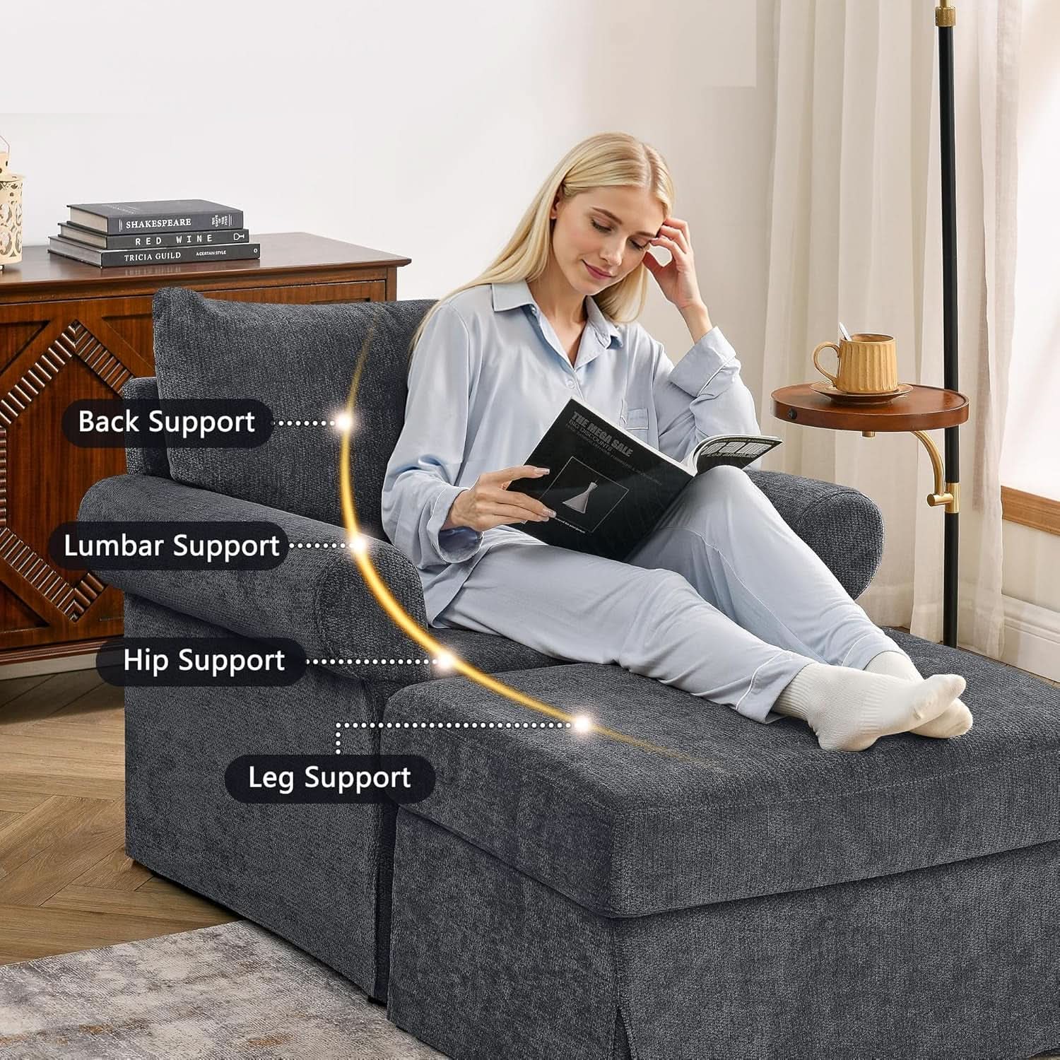 Gray 35 Inch Accent Chair With Ottoman And Chaise Lounge