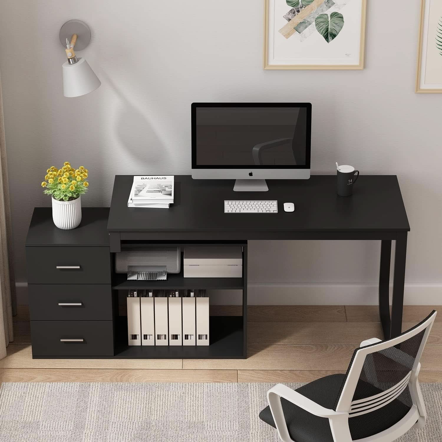 55-Inch L-Shaped Computer Desk with Storage Cabinet