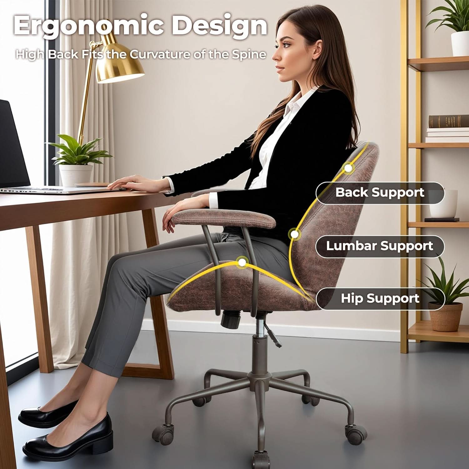 Ergonomic Leather Office Chair Dark Brown Mid Century Modern