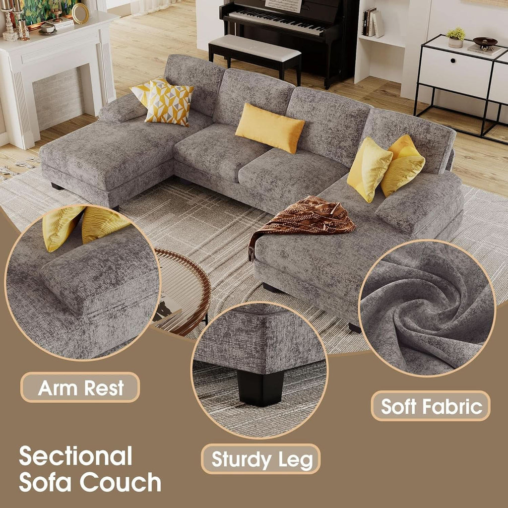 Grey Linen U-Shaped Sectional Sofa with Double Chaise