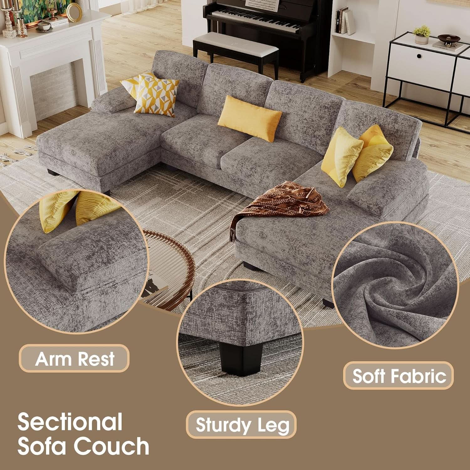 Grey Linen U-Shaped Sectional Sofa with Double Chaise