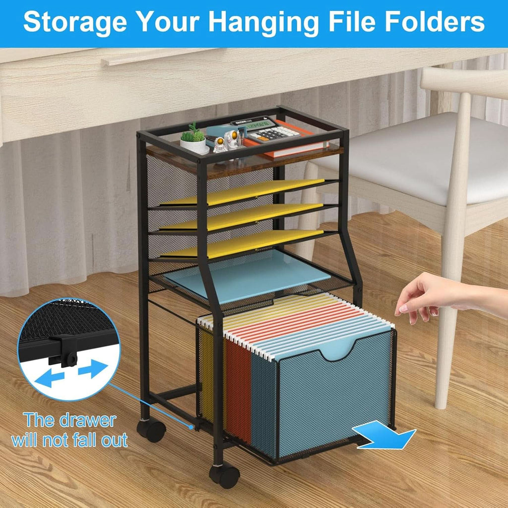 Brown Wood 6 Tier Rolling File Cart With Lockable Wheels