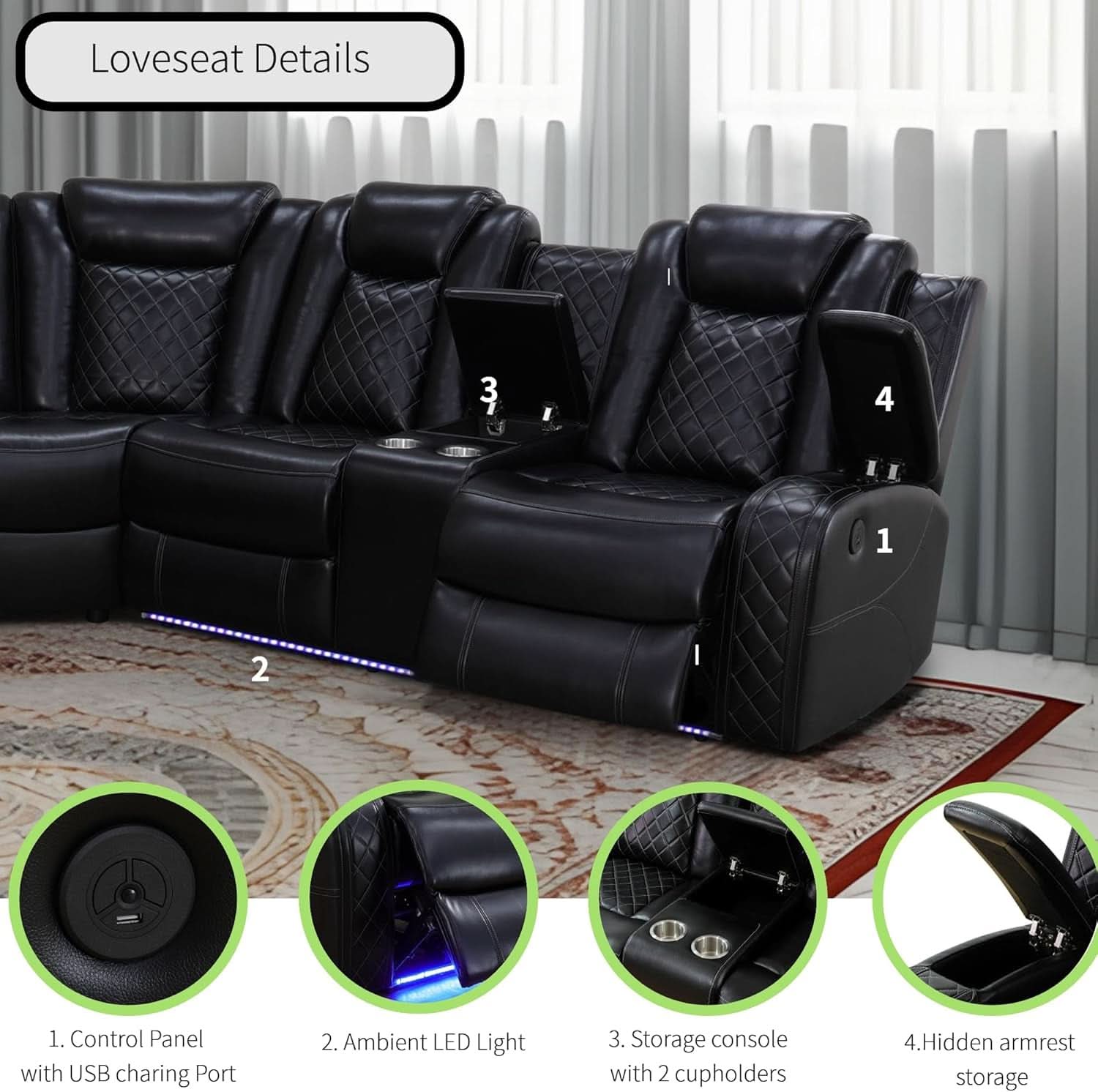 Power Recliner Sectional Sofa Black With LED Lights