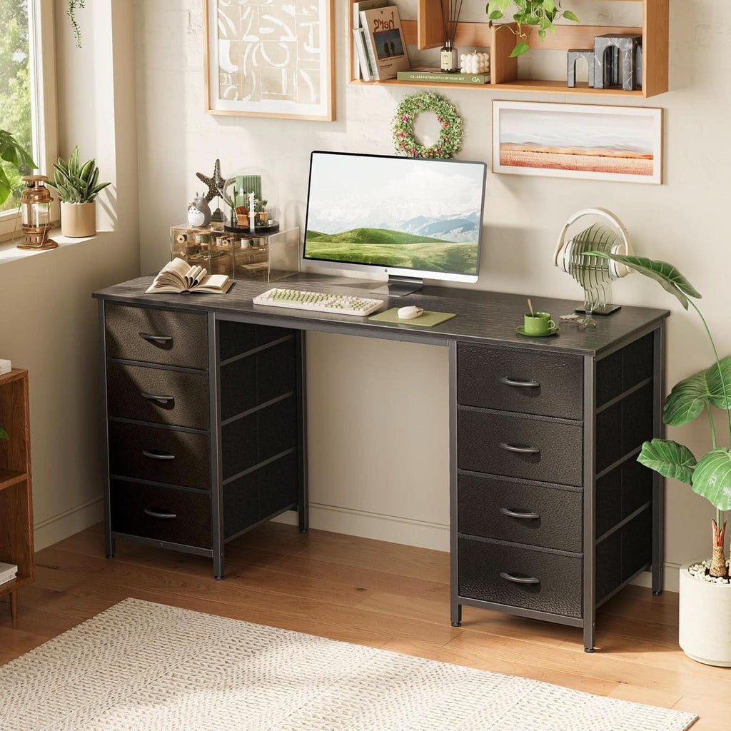 55 Inch Computer Desk With 8 Fabric Drawers For Home Office