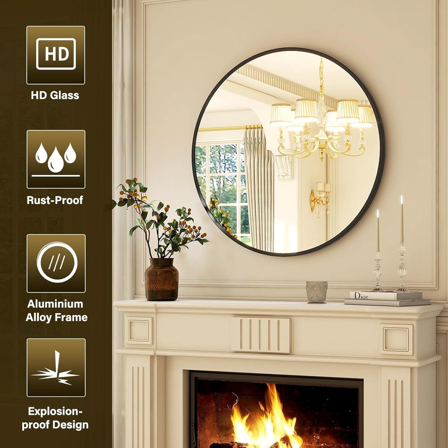 30 Inch Matte Black Round Wall Mirror Bathroom Decor