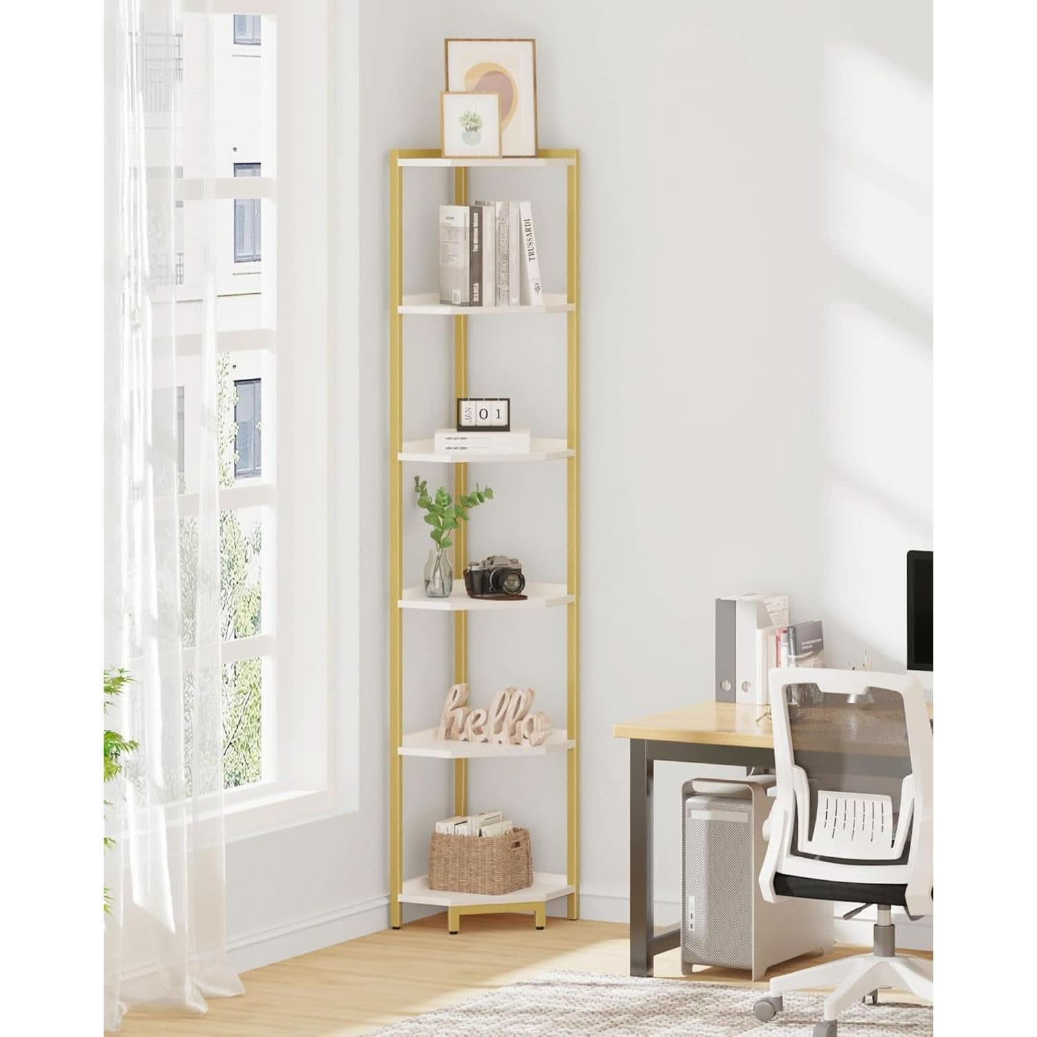 6-Tier Corner Shelf Stand White Gold Finish For Living Room