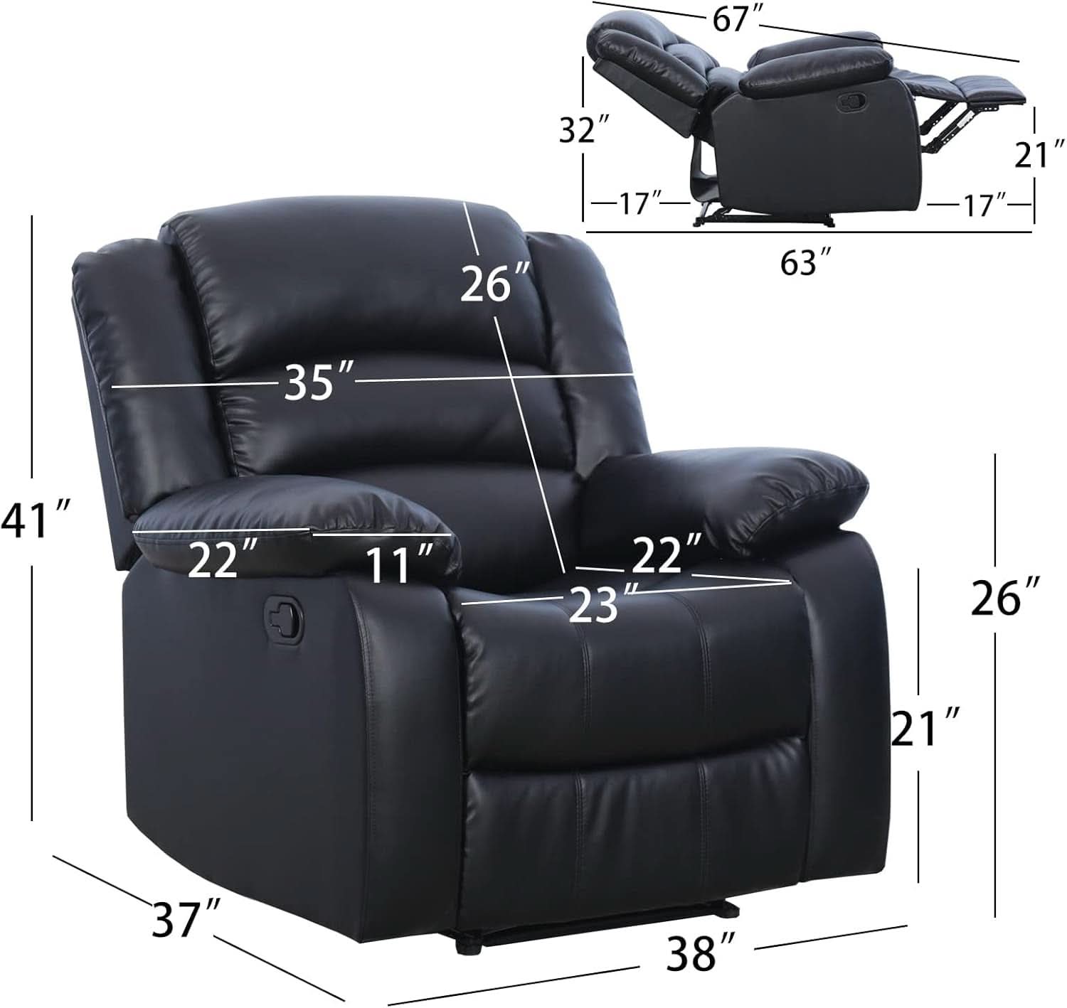 Black Recliner Chair Set of 2 With Overstuffed Cushions