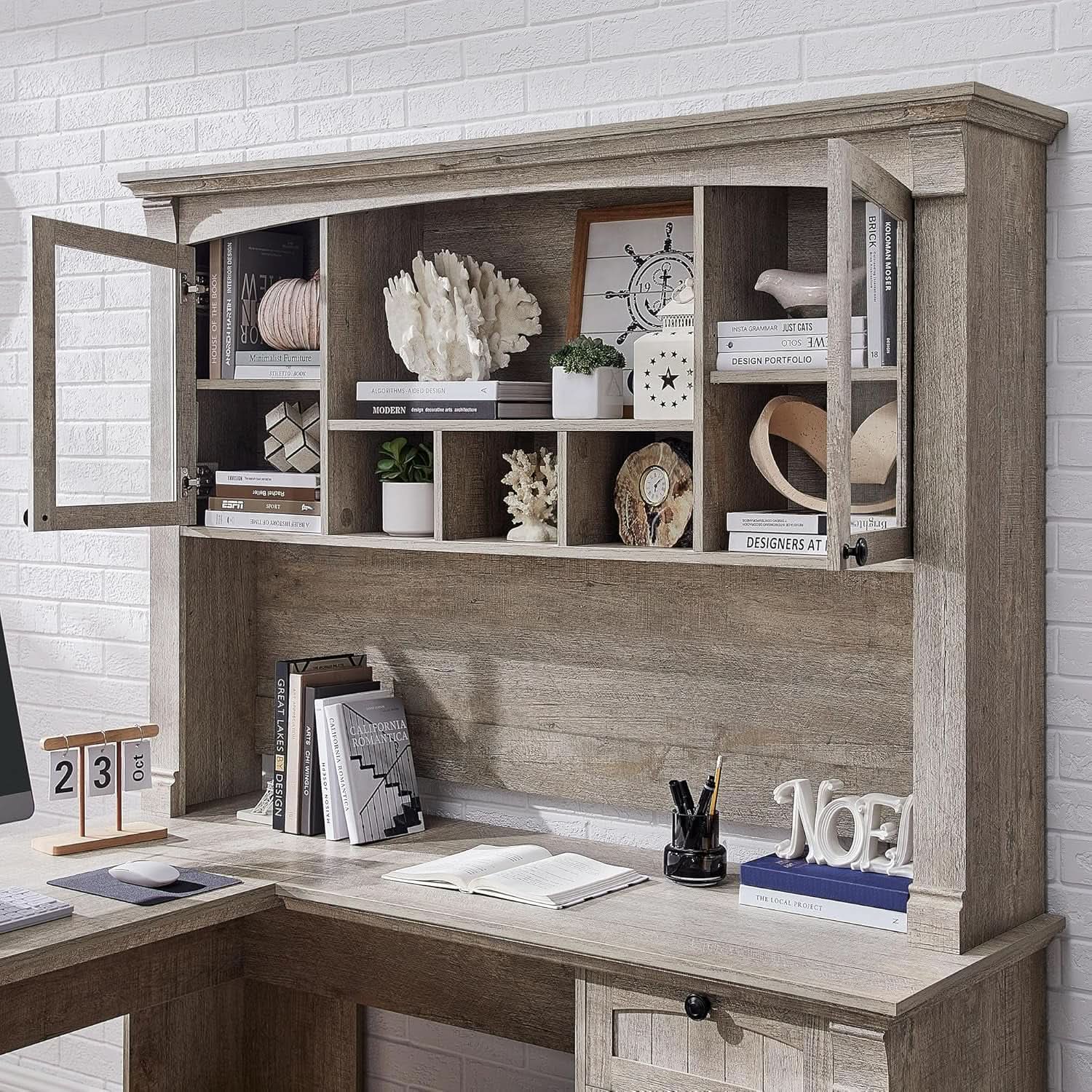 60-Inch L-Shaped Desk With Hutch Light Rustic Oak Finish