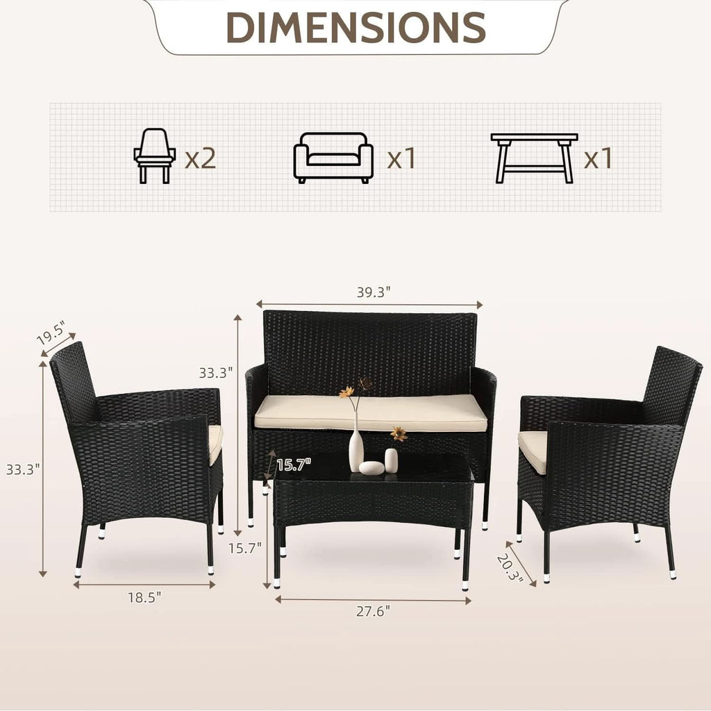 Outdoor Rattan 4 Piece Patio Furniture Conversation Set