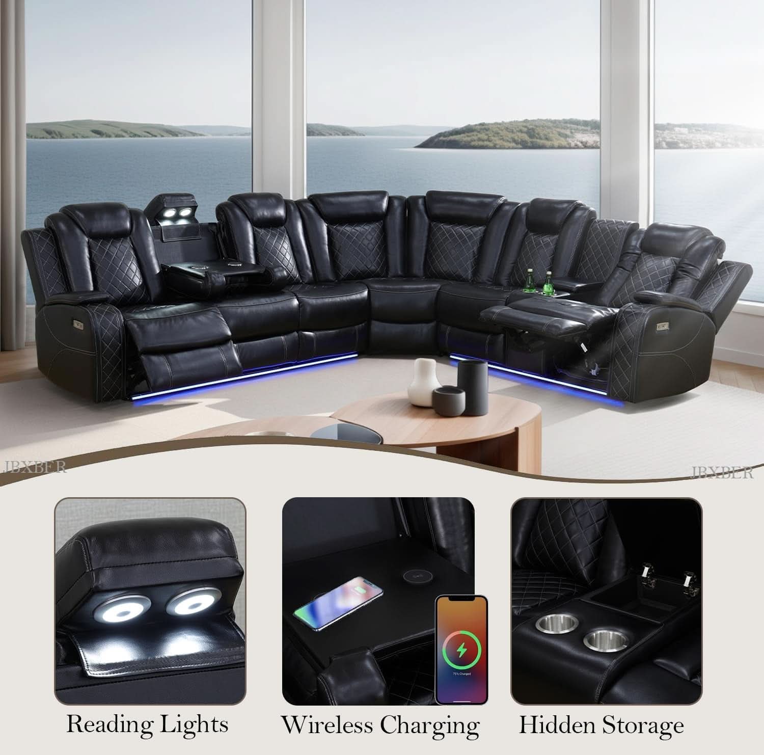 Power Recliner Sectional Sofa Set In Black With Led Lights