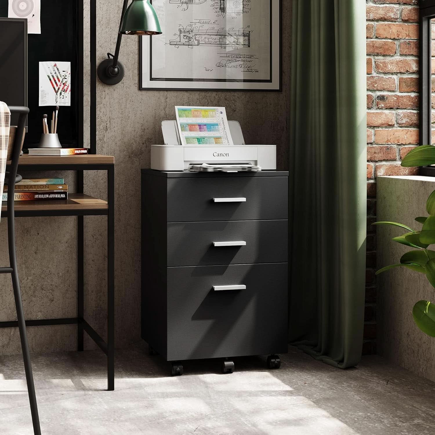 3 Drawer Wood File Cabinet Black For Letter A4 Size Home Office Storage Organizer