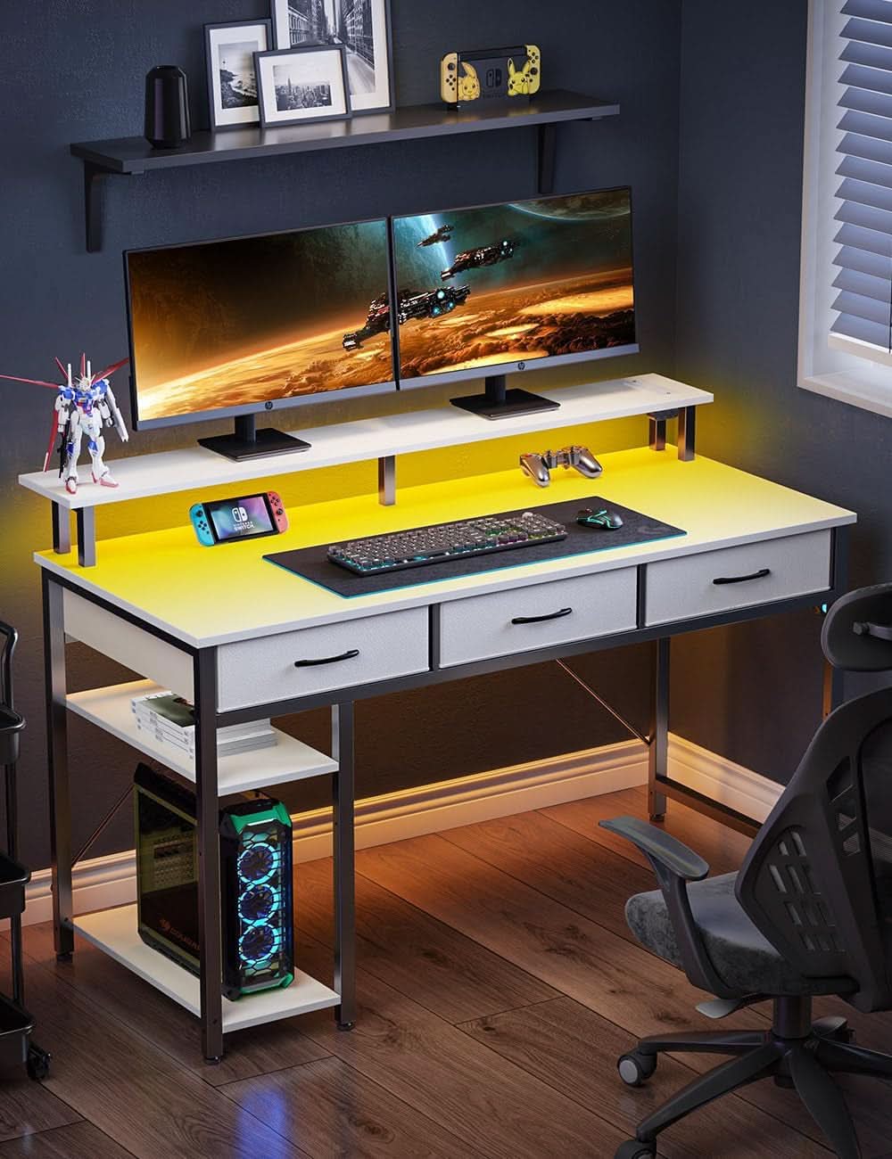 47 Inch White Computer Desk With Power Outlets And LED