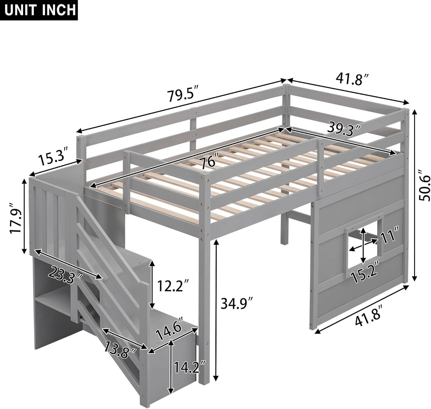 Twin Size Low Loft Bed In Gray With Stairs Storage