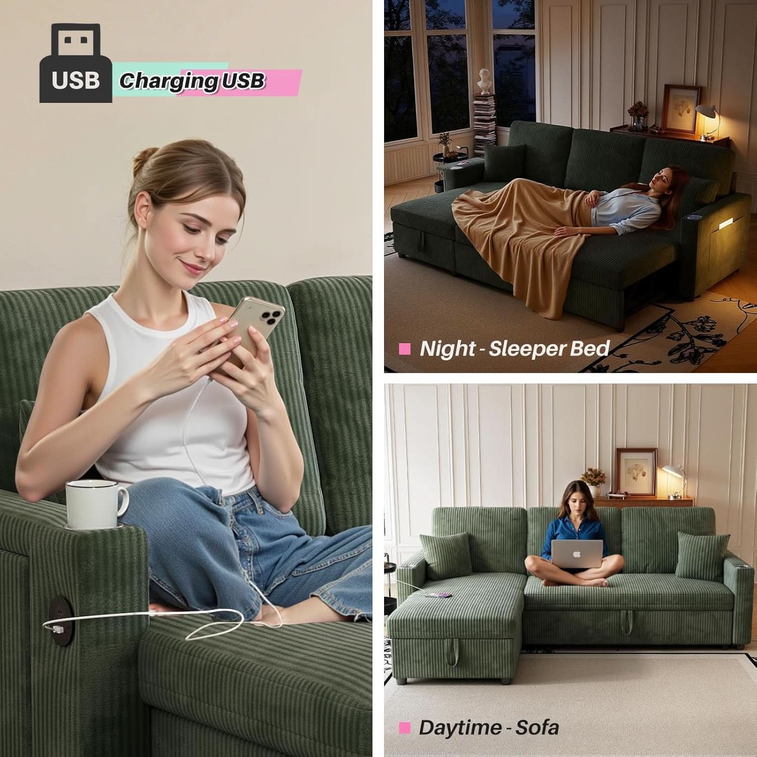 Luxurious Corduroy Green 83-Inch Sleeper Sectional Sofa