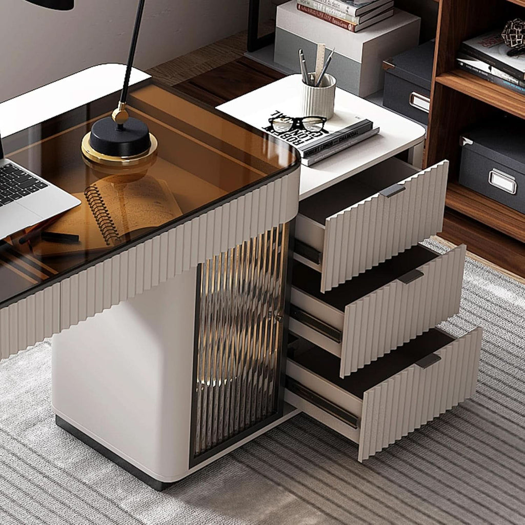 Ivory 50-Inch Office Desk with Cabinet and LED Lighting
