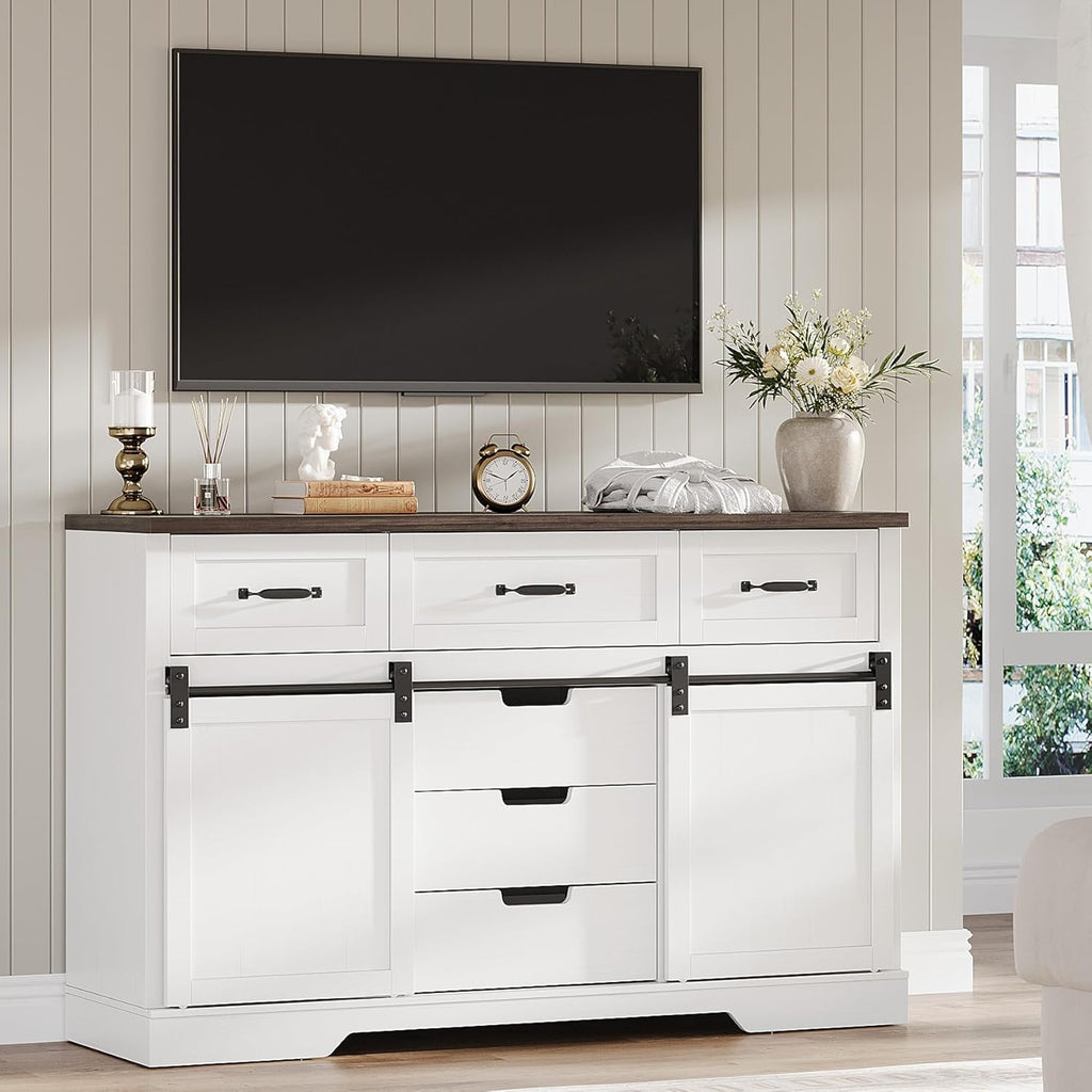 GAOMON Farmhouse 6 Drawers Dresser for Bedroom with Sliding Barn Doors, Wood Dressers & Chest of Drawers, Rustic Dressers TV Stand, Dresser Organizer for Bedroom, Living Room, White