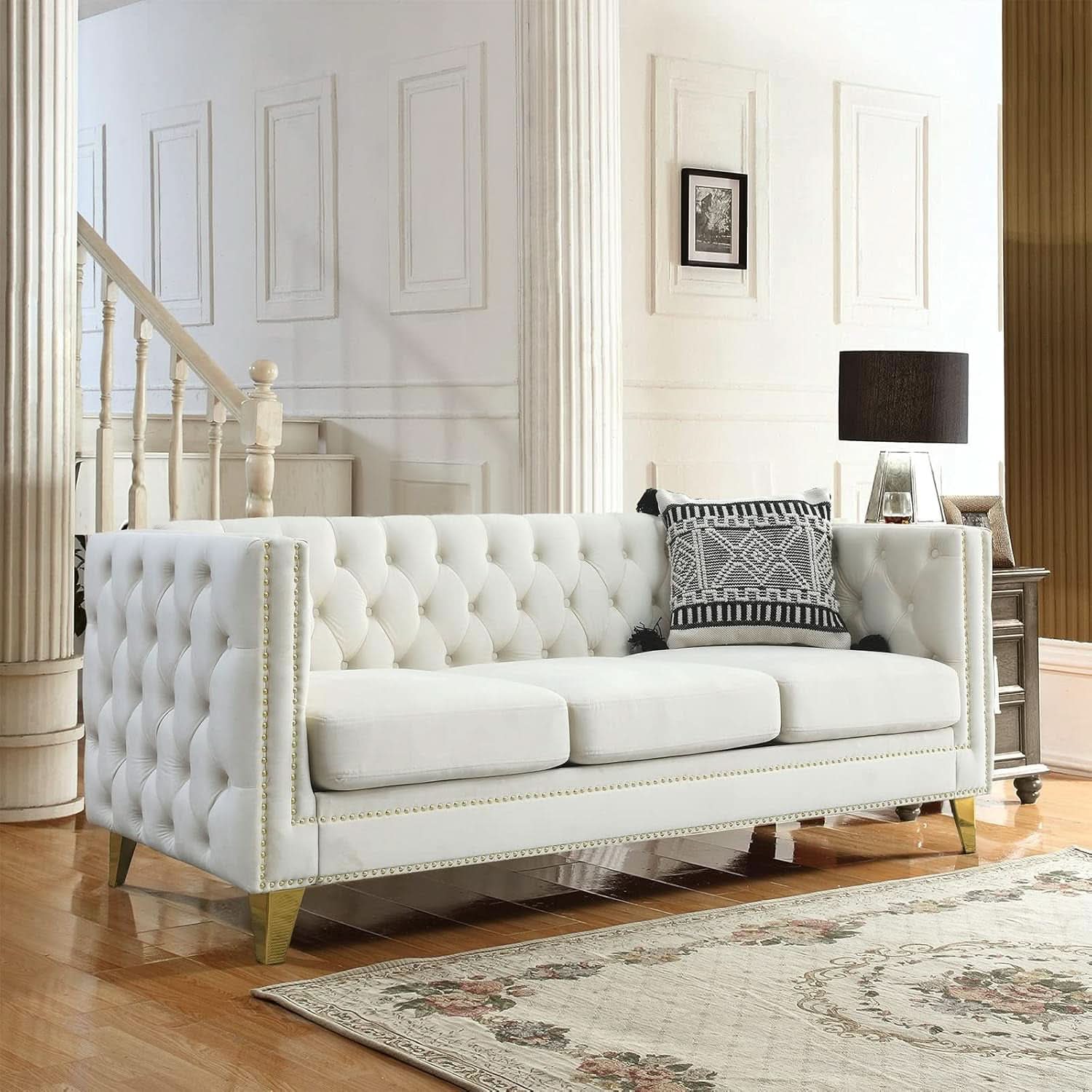 Velvet Beige 80-Inch Sofa Set With 58-Inch Loveseat And Gold Nail Heads