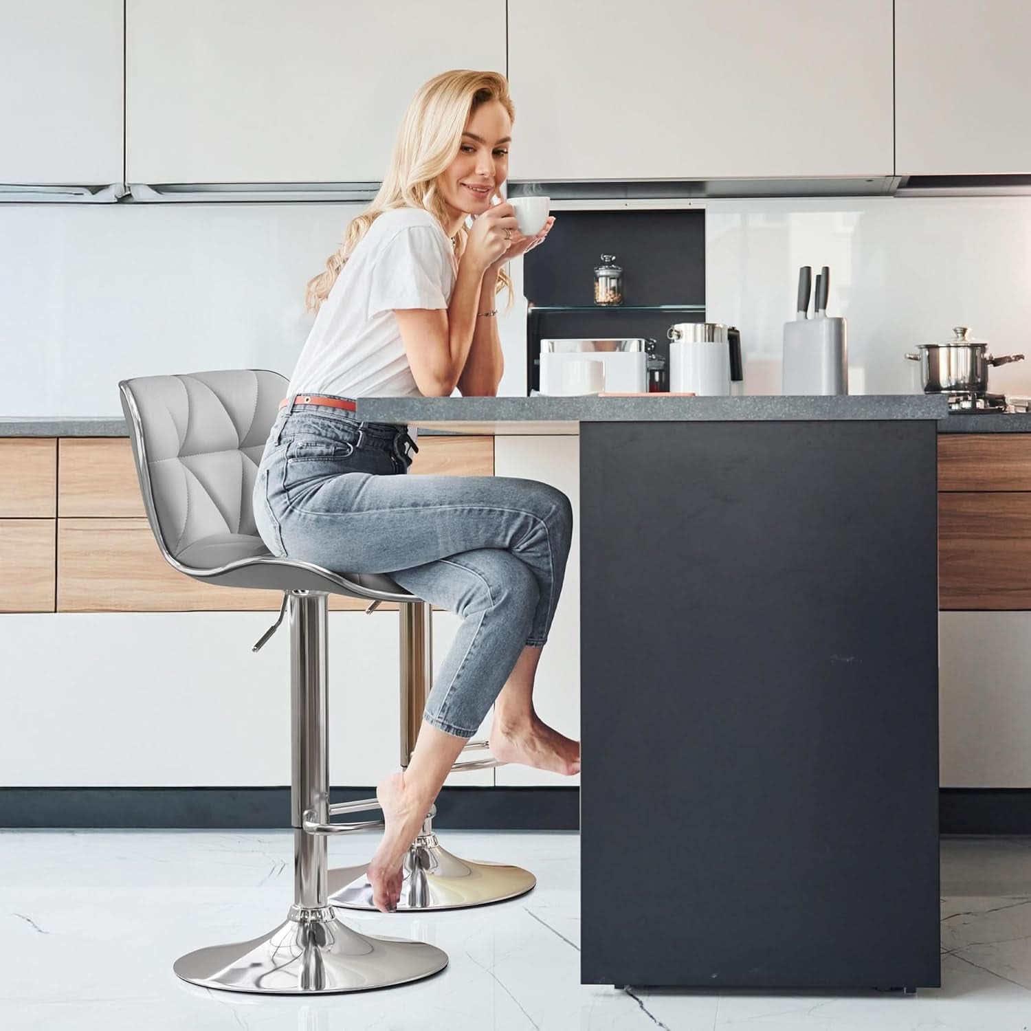 Bar Stools Set Of 2 Adjustable Swivel PU Leather Light Grey
