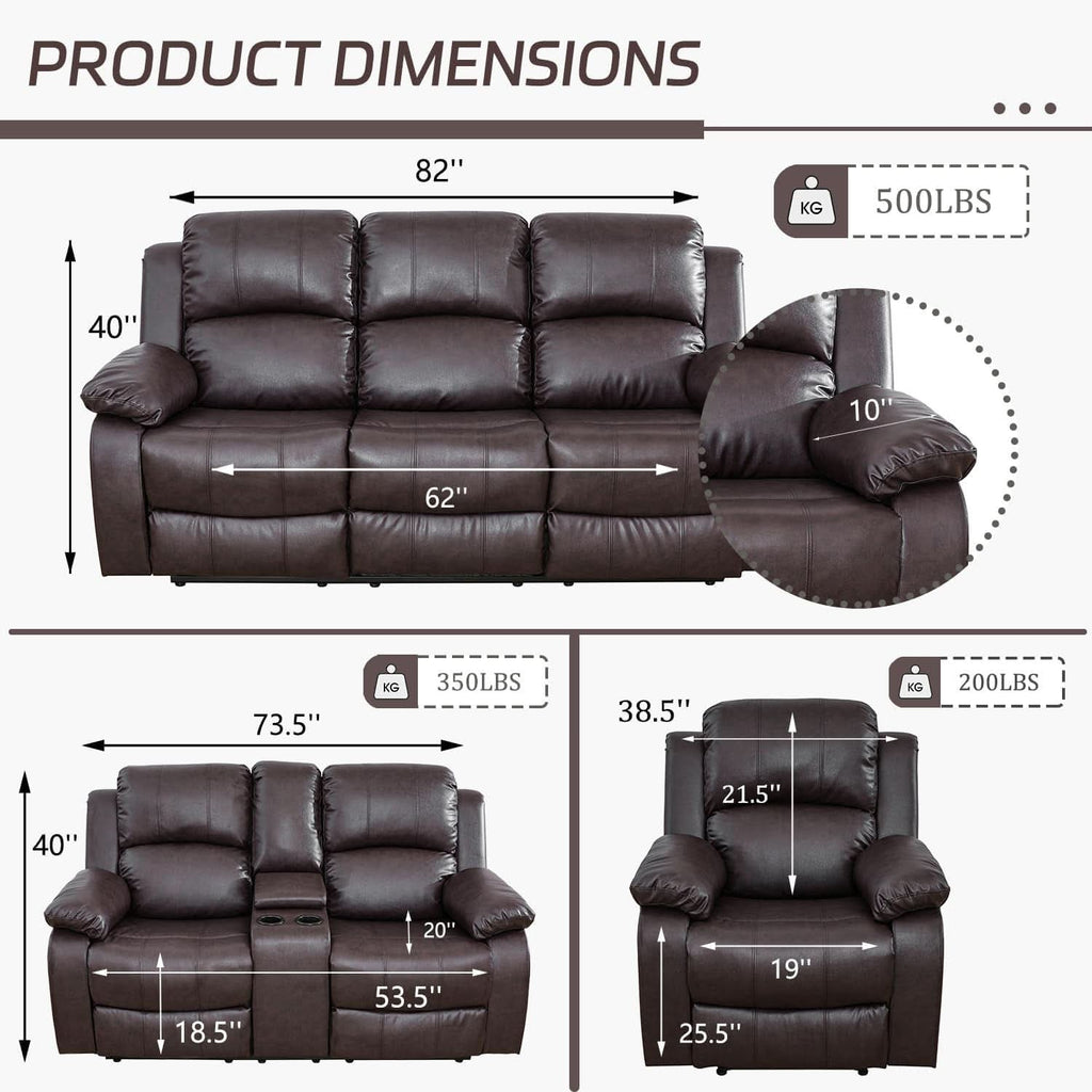 Manual Recliner Sofa Set Brown Three Piece Living Room Furniture