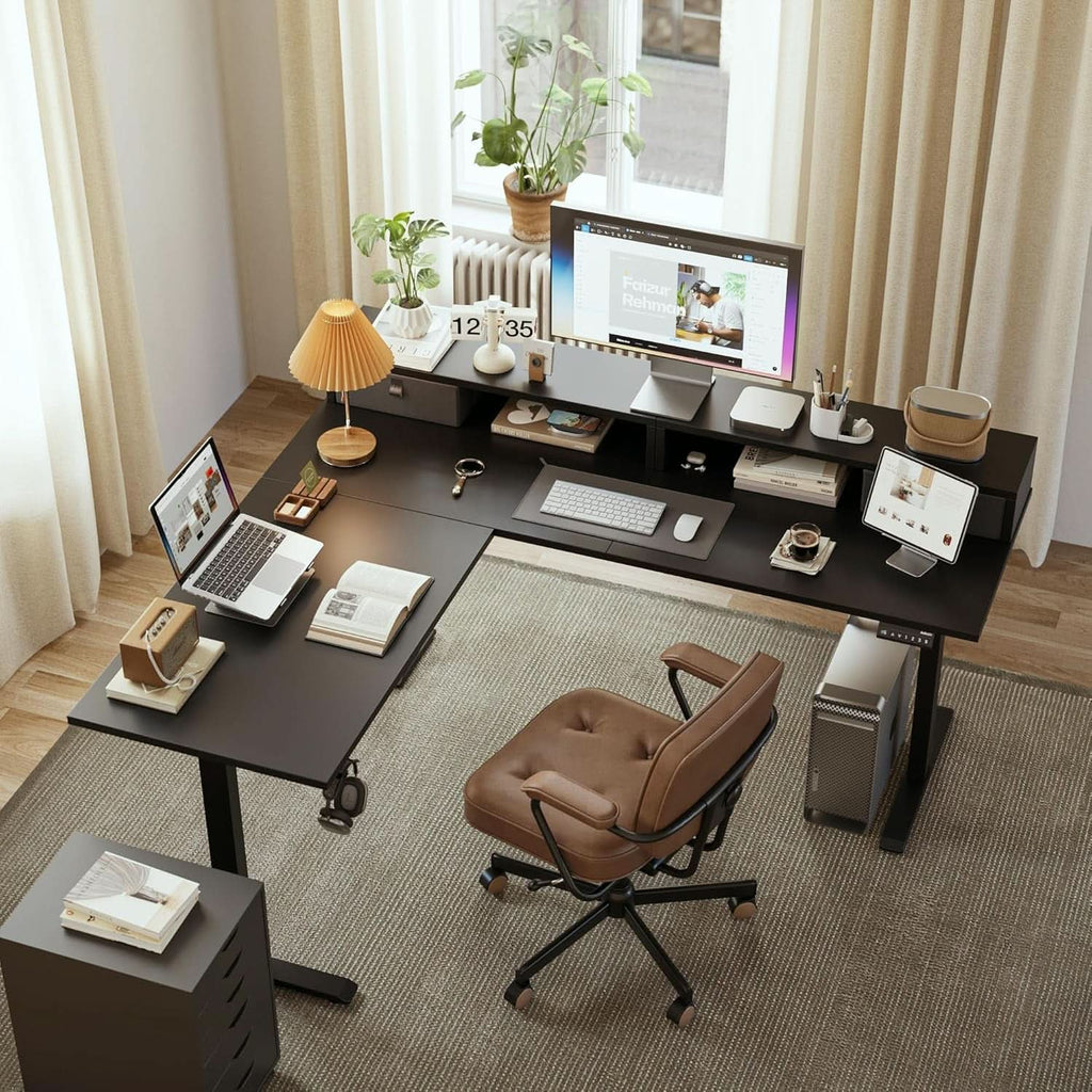 L Shaped Electric Standing Desk 63 Inch 2 Drawers Black