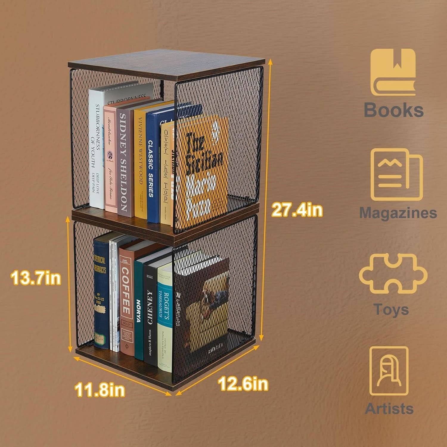 2 Cube Stackable Book Shelves Organizer Black Brown Wood For Kids Rooms And Living Spaces