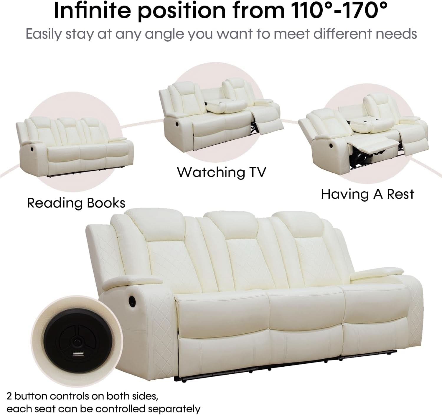 Power Recliner Sofa Set With LED Lights Creamy Finish