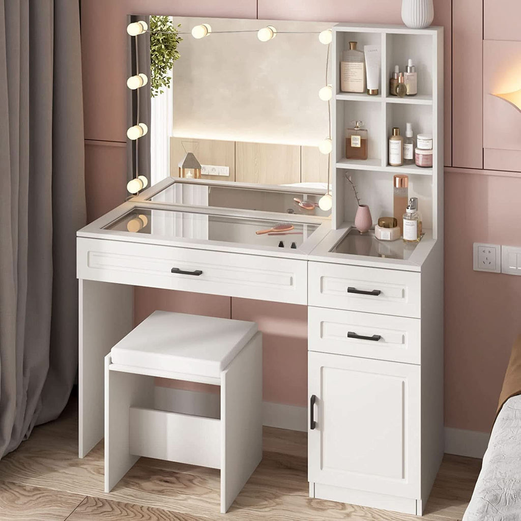 White Vanity Table Set With Glass Top Hollywood Mirror