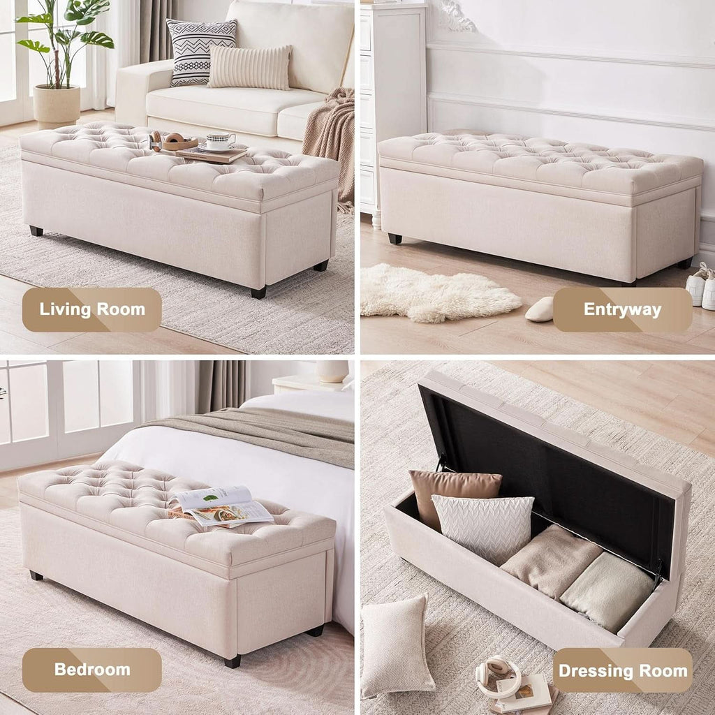 50 Inch Beige Tufted Storage Ottoman Bench Upholstered