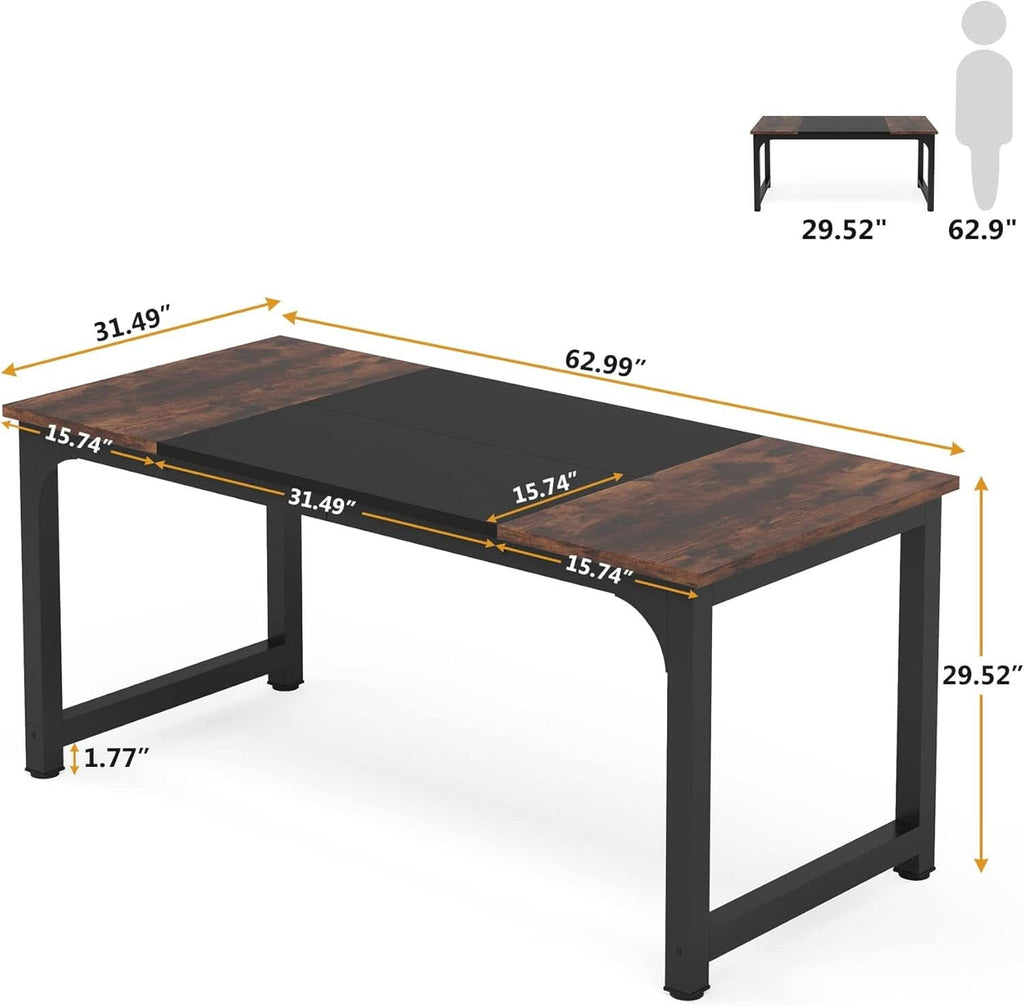 63 Inch Executive Desk Two Tone Brown Black Heavy Duty Frame