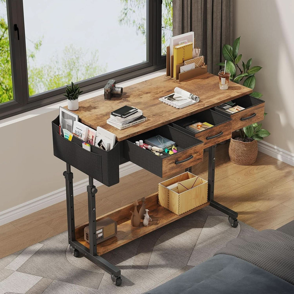 Rolling Height-Adjustable Computer Desk with Drawers