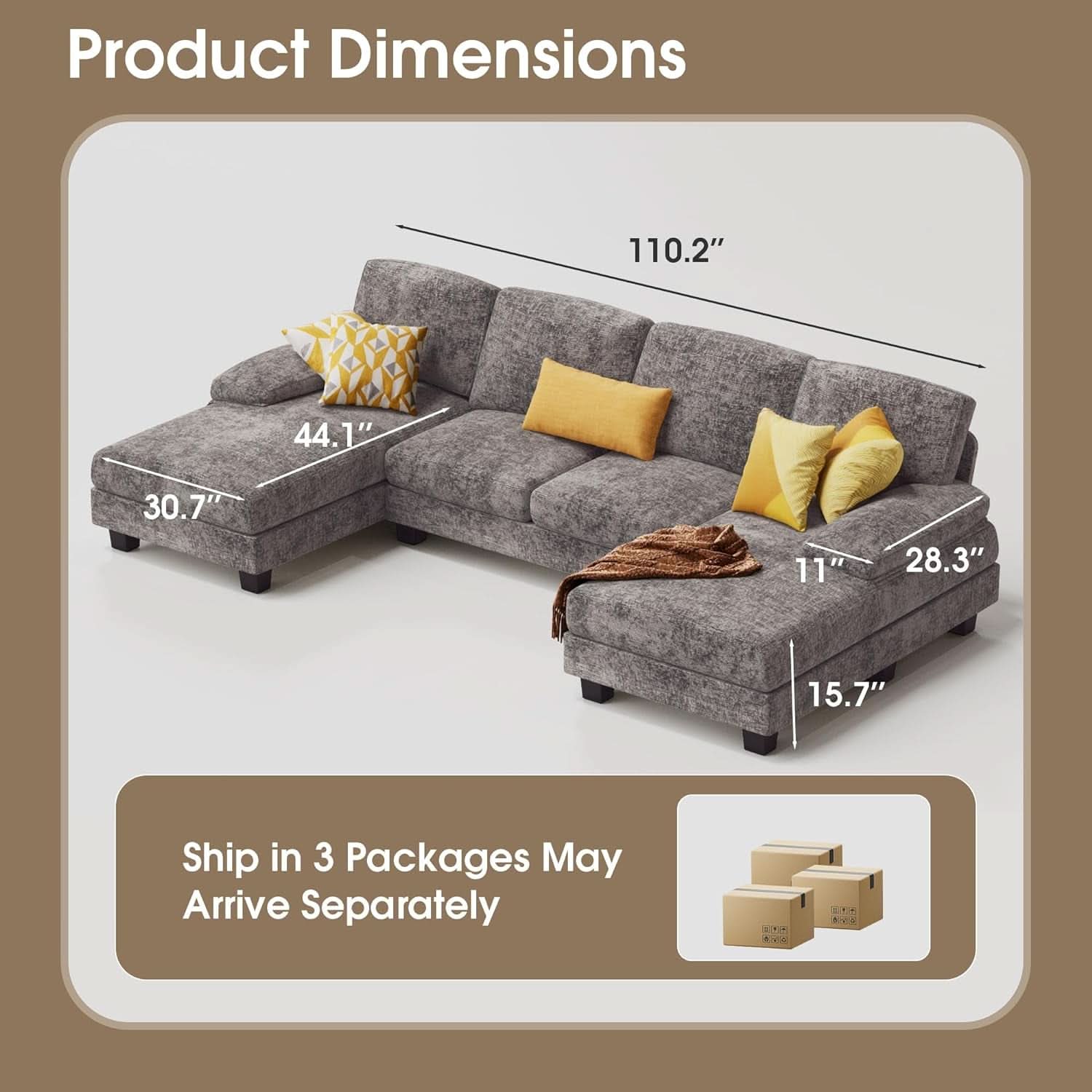 Grey Linen U-Shaped Sectional Sofa with Double Chaise