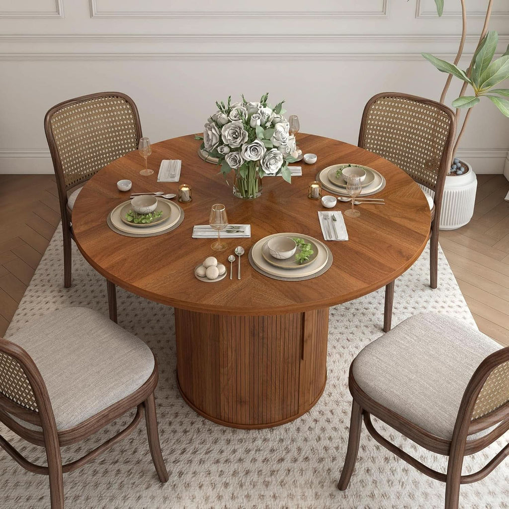 47 Inch Round Dining Table With Walnut Finish And Two Layer Storage Shelf
