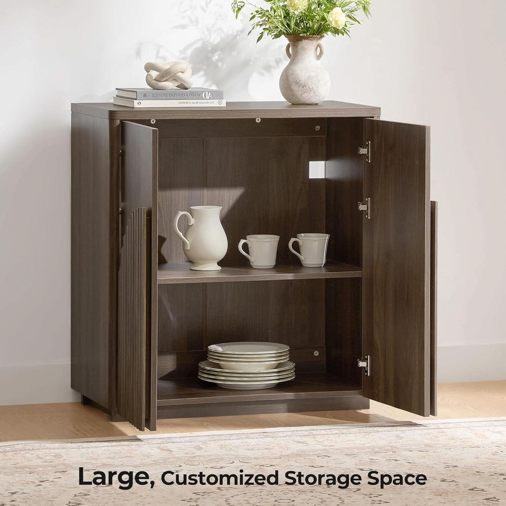 Walnut Sideboard Buffet Cabinet With Generous Storage And Wave Pattern Doors
