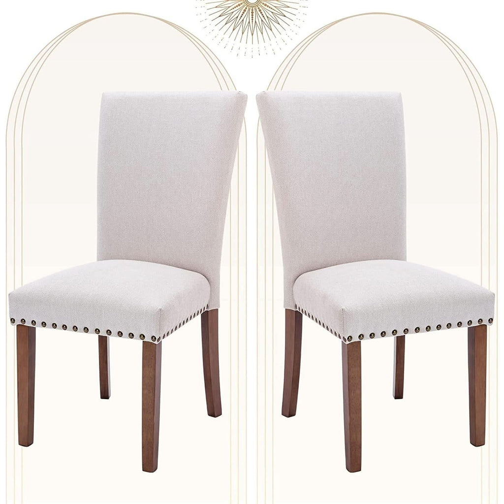 Beige Upholstered Parsons Chair With Nailhead Trim