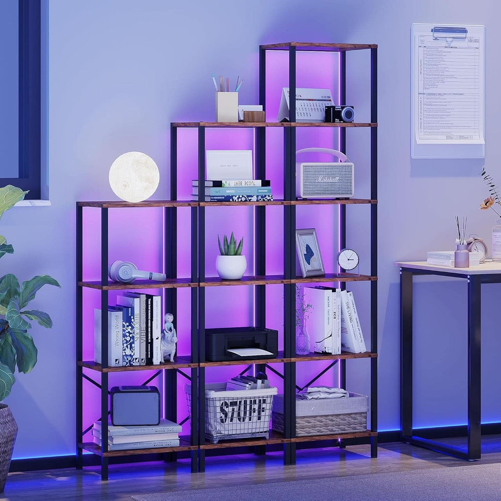 6 Tier Bookshelf With LED Lights In Rustic Brown Living Room