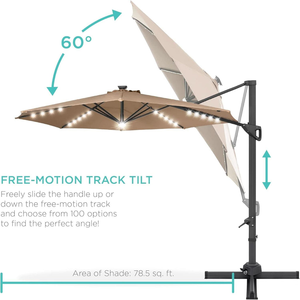 10 Foot Solar LED Cantilever Patio Umbrella With Lights Cross Base For Outdoor Use