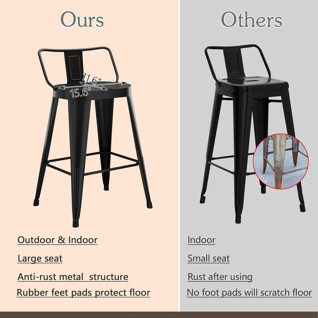 24 Inch Black Outdoor Metal Bar Stools Set of 4 Counter Height Large Ergonomic Seats