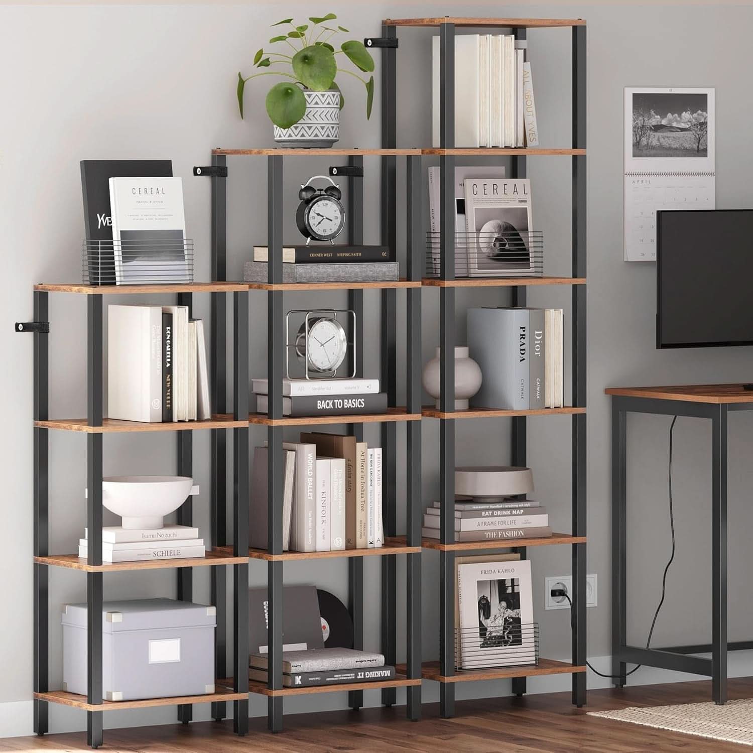 Six Tier Tall Bookshelf Narrow Rustic Brown Bookcase