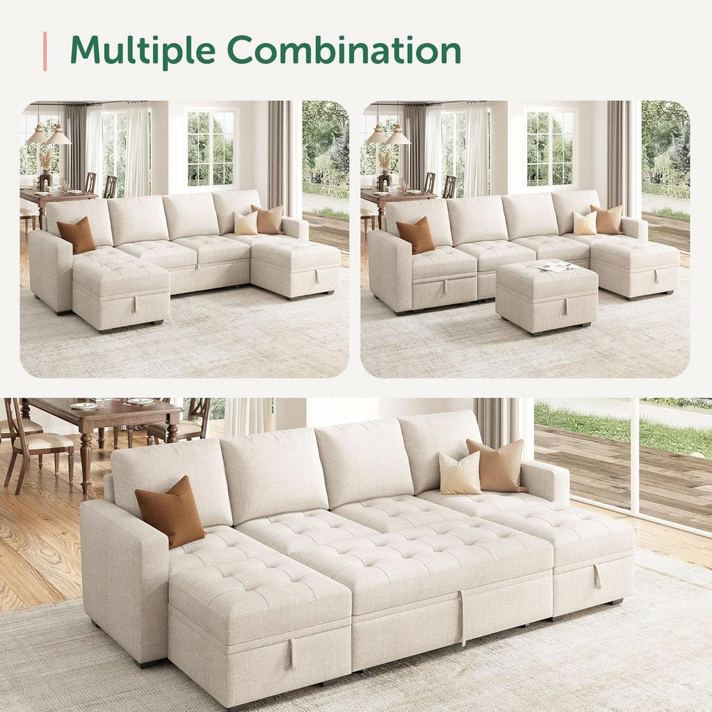 Beige Modular Sleeper Sectional Sofa with Storage