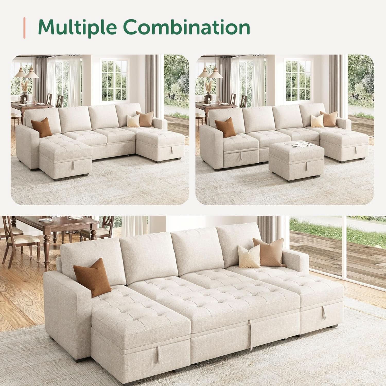 Beige Modular Sleeper Sectional Sofa with Storage