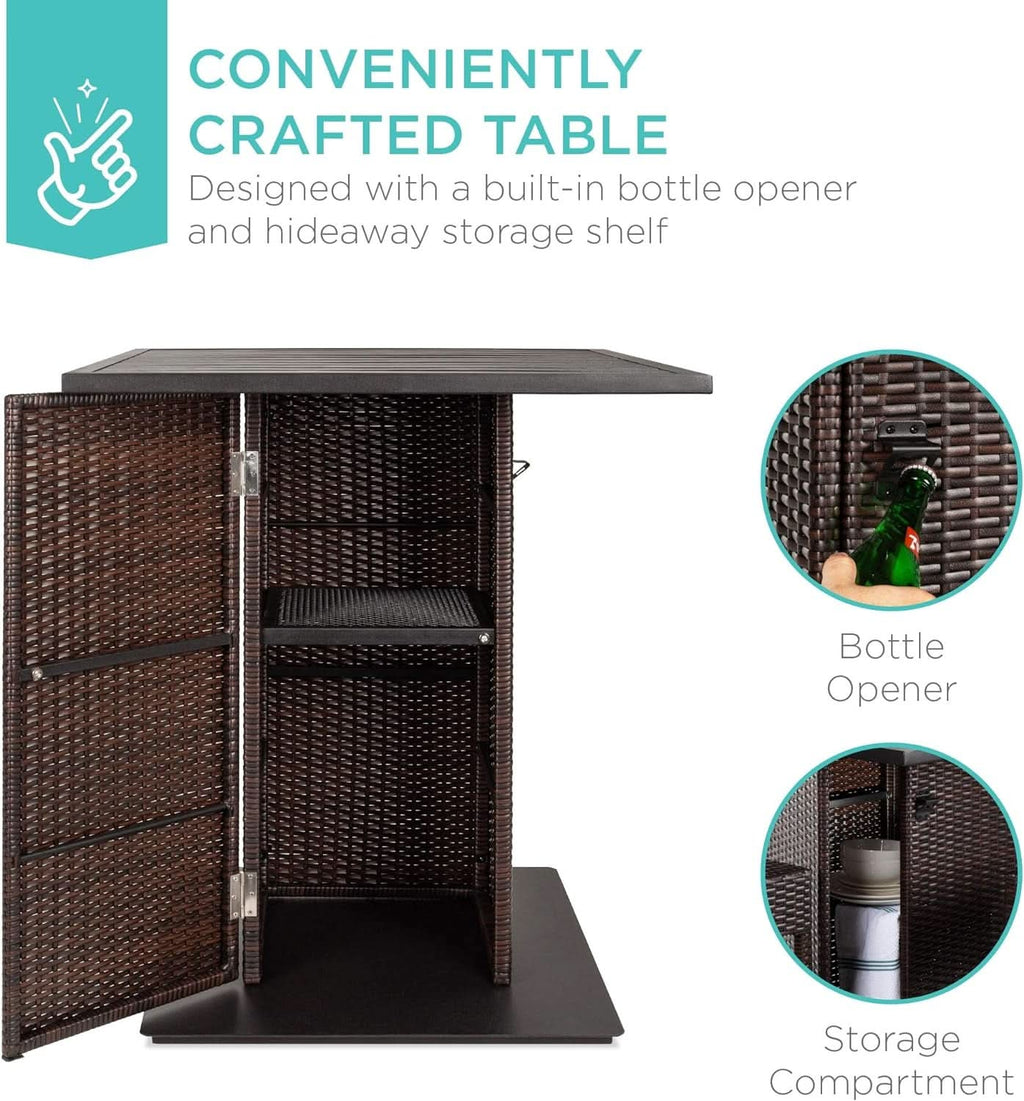 Brown Outdoor Wicker Bar Table Set With Bottle Opener
