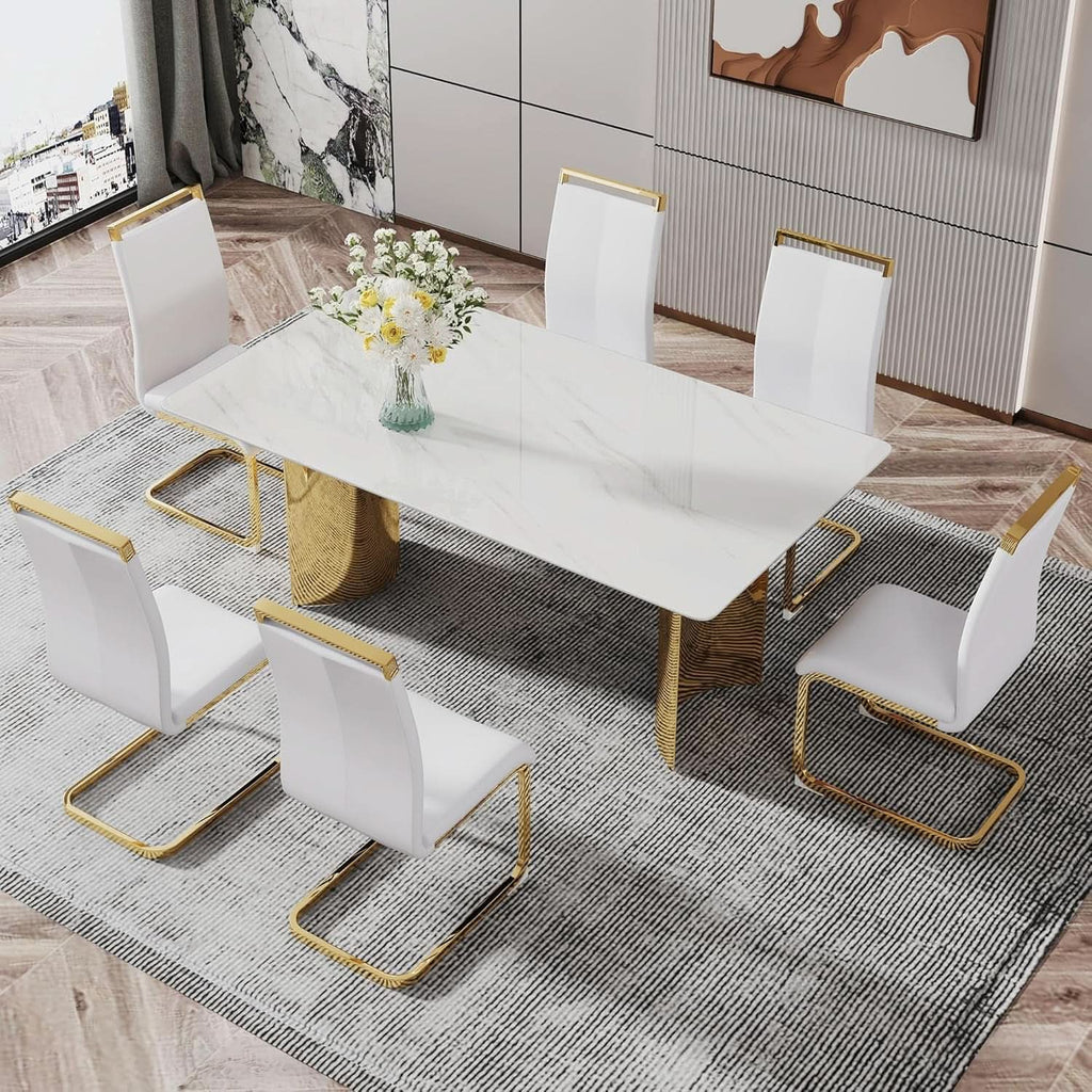 White Marble Dining Table 71 Inch Glass Top Gold Base