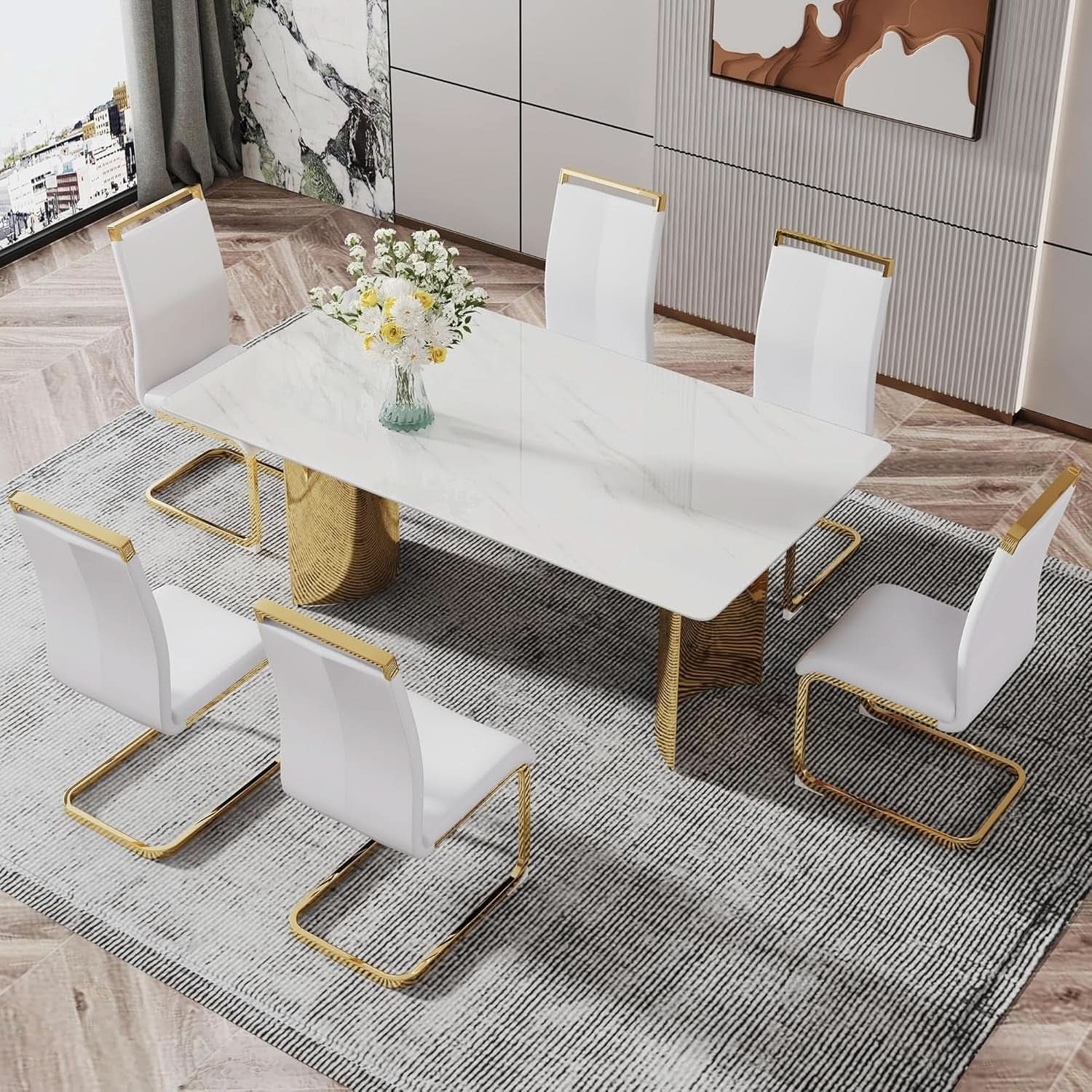 White Marble Dining Table 71 Inch Glass Top Gold Base