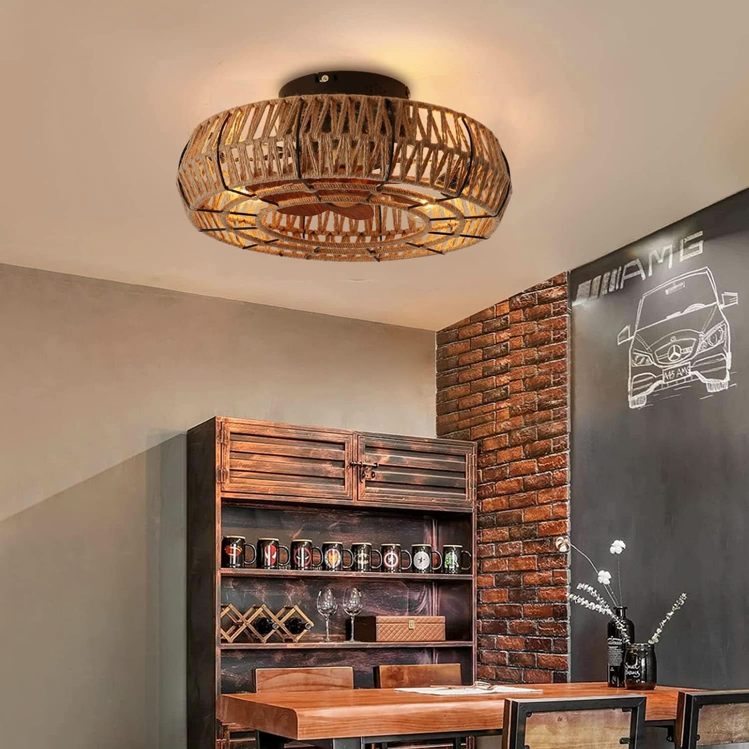 20 Inch Boho Caged Ceiling Fan With Lights And Remote Six Speeds Four Edison Bulbs