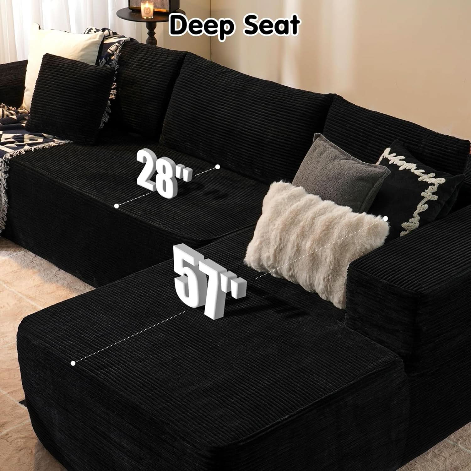 Black Corduroy L-Shaped Sectional Sofa