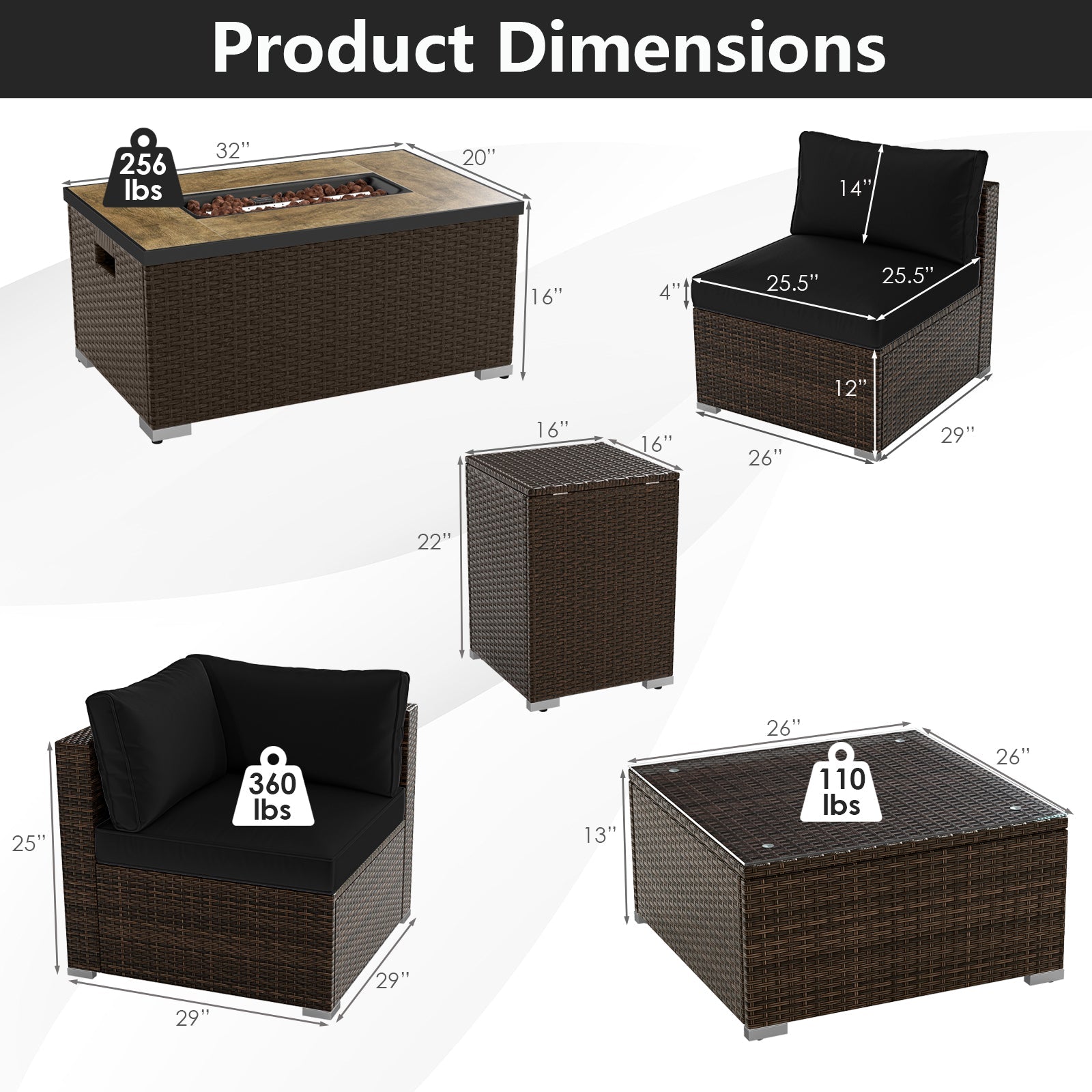7 Pieces Outdoor Furniture Set with 32 Inch Fire Pit Table and Propane Tank Cover